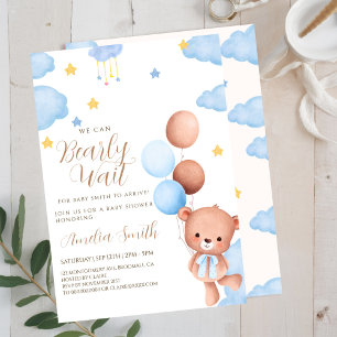 Convites Chuva de Balões Azuis de Urso de Pelúcia Baby Show