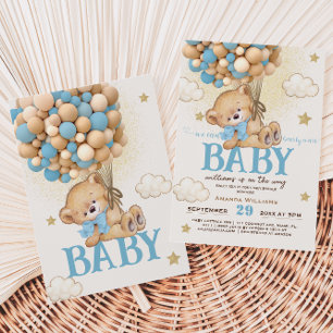 Convites Chuva de Balões Azuis de Urso de Pelúcia Baby Show
