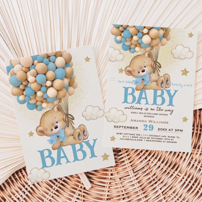 Convites Chuva de Balões Azuis de Urso de Pelúcia Baby Show (Criador carregado)