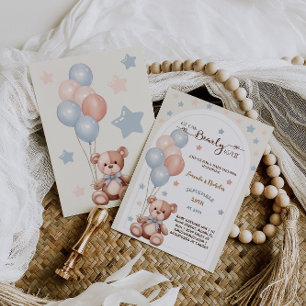 Convites Chuva de Balões Azuis e Rosa de Urso Teddy Boho Vi