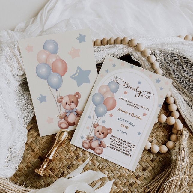 Convites Chuva de Balões Azuis e Rosa de Urso Teddy Boho Vi (Criador carregado)