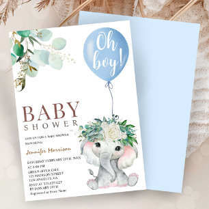 Convites Chuva de Balões Azul Elefante Baby Shower Menino