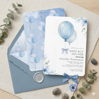 Convites Chuva de Balões de Aquarela Azul Menino Chá de Beb