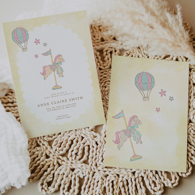 Convites Chuva de Balões de Carrossel Mágico para Chás de B (Whimsical Carousel Baloon Stars Baby Shower Invitation)
