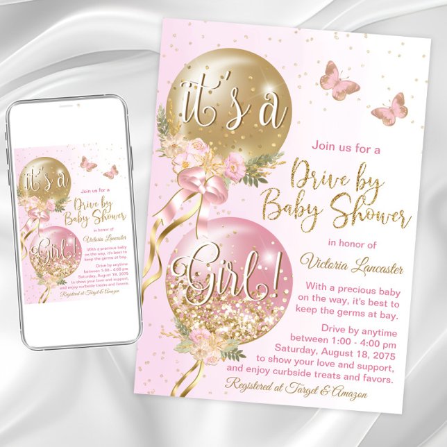Convites Chuva de Balões de Ouro Rosa Festa de Bebê Borbole (Cute pink gold drive by shower  invitation. Instant download and printed invitations available.)