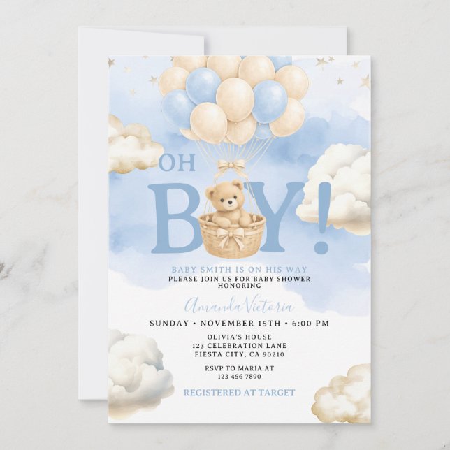 Convites Chuva de Balões de Urso Azul para Chá de Bebê (Frente)