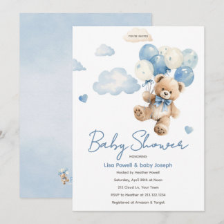 Convites Chuva de Balões de Urso Chá de Bebê Nuvem Aquarela
