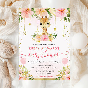Convites Chuva de Balões Floral Aquarela Girafa Jungle Baby