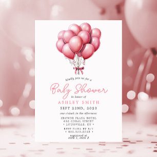 Convites Chuva de Balões Rosa em Aquarela para Chás de Bebê