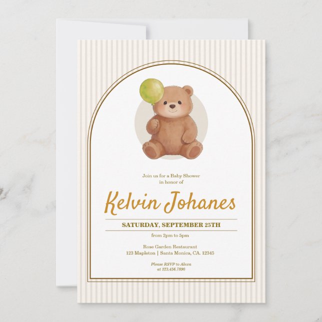 Convites Chuva de Balões Urso de Pelúcia Arco Bebê Shower (Frente)