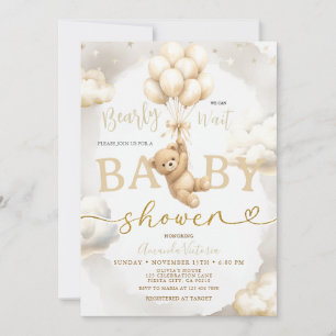 Convites Chuva de Balões Urso Neutro Bege Boho Baby Shower