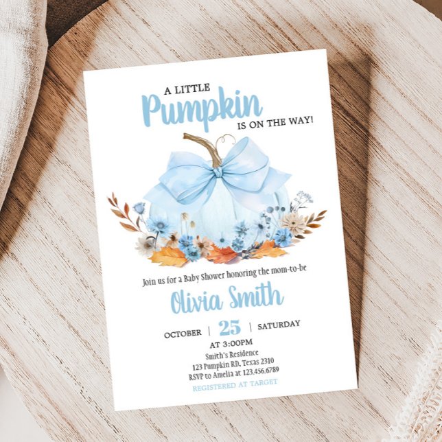Convites Chuva de Bebê Abóbora com Laço Azul (Boy Bow Pumpkin Baby Shower Invitation)