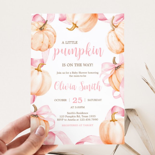 Convites Chuva de Bebê Abóbora com Laço Rosa (Pink Bow Pumpkin Baby Shower Invitation)