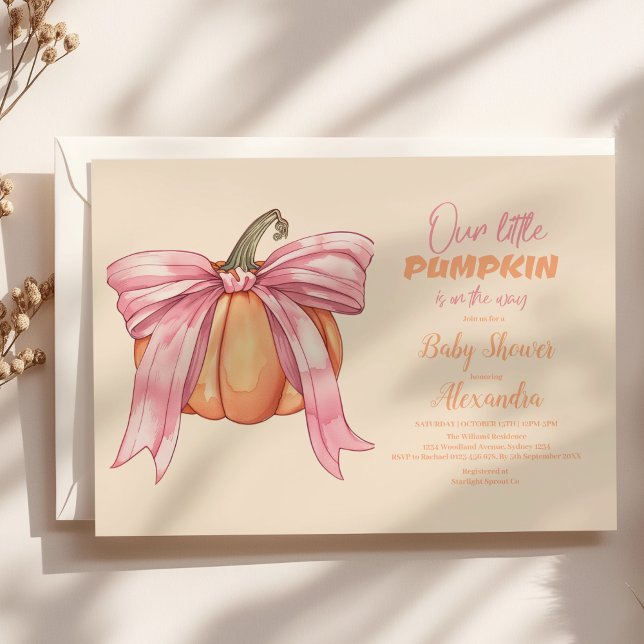 Convites Chuva de Bebê Abóbora com Laço Rosa Retrô (Criador carregado)