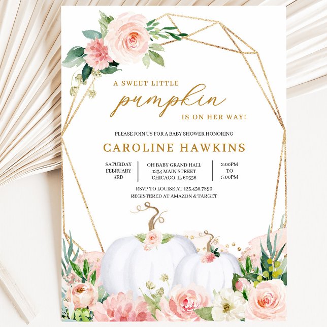 Convites Chuva de Bebê Abóbora Floral Rosa e Dourado (Criador carregado)