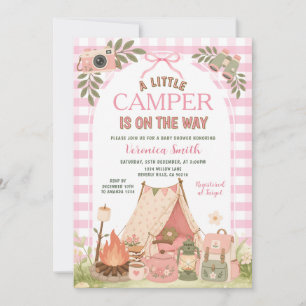 Convites Chuva de Bebê Acampamento Menina Xadrez Rosa