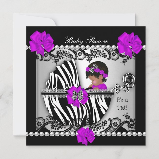 Convites Chuva de Bebê Afro-Americana Bebê Menina Zebra Fof (Frente)