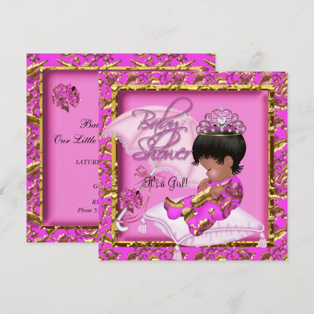 Convites Chuva de Bebê Afro-Americana Fofa Rosa Dourado (Frente/Verso)