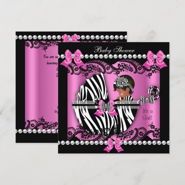 Convites Chuva de Bebê Afro-Americana Menina Fofo Zebra Ros (Frente/Verso)