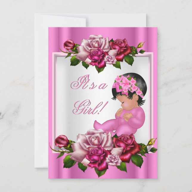 Convites Chuva de Bebê Afro-Americana Menina Rosas Rosa (Frente)