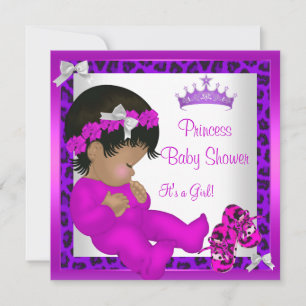 Convites Chuva de Bebê Afro-Americana Roxa Rosa Leopardo 3