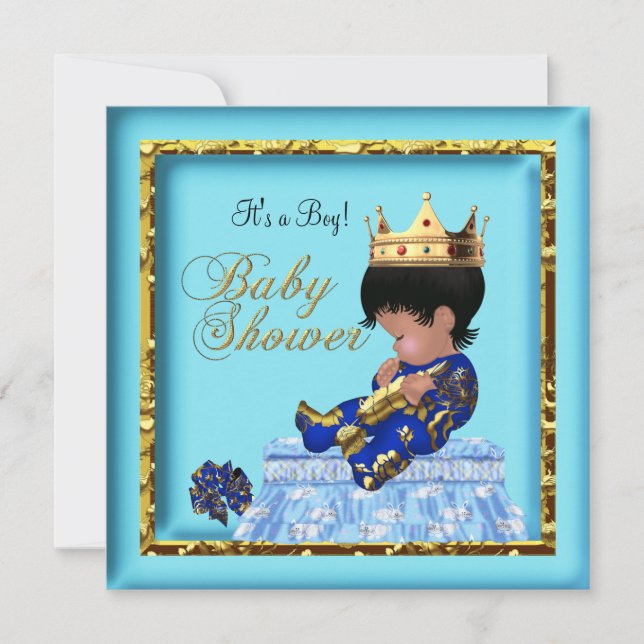 Convites Chuva de Bebê Afro-Americano Azul Dourado Menino (Frente)