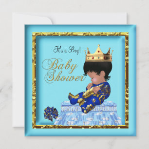 Convites Chuva de Bebê Afro-Americano Azul Dourado Menino
