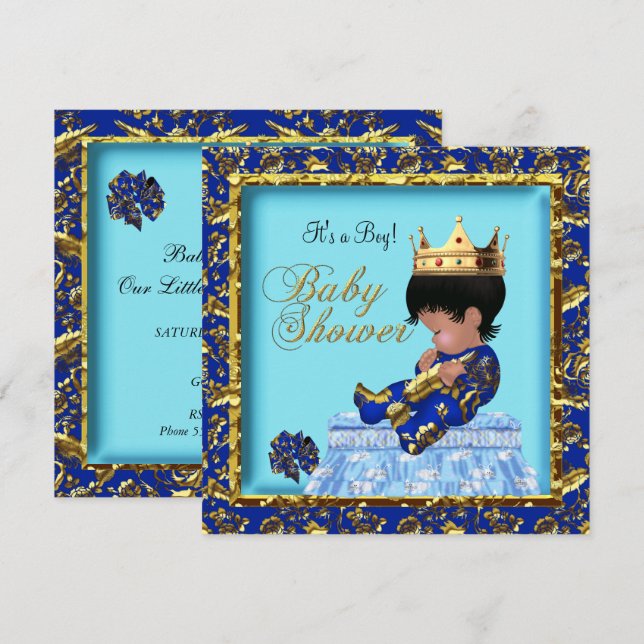 Convites Chuva de Bebê Afro-Americano Azul Dourado Menino (Frente/Verso)