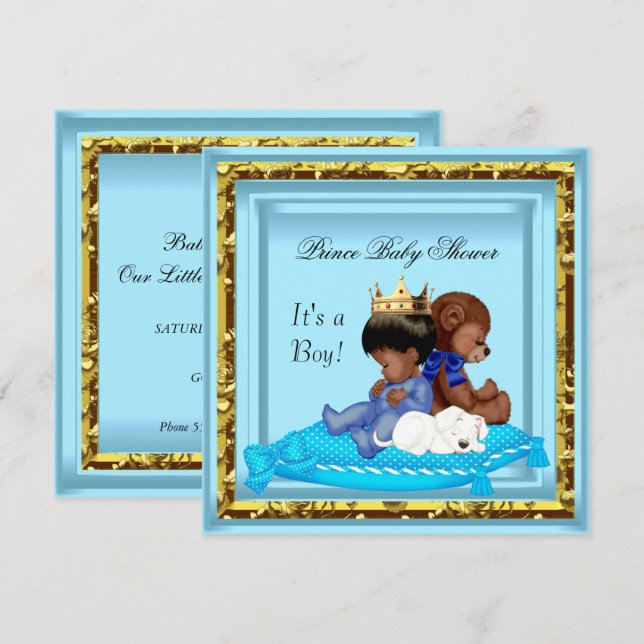 Convites Chuva de Bebê Afro-Americano Azul Dourado Príncipe (Frente/Verso)