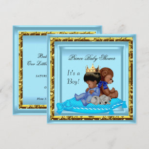 Convites Chuva de Bebê Afro-Americano Azul Dourado Príncipe