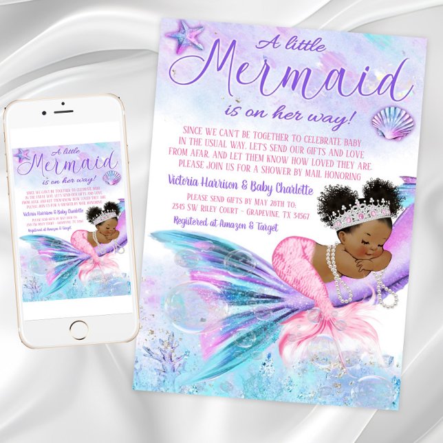 Convites Chuva de Bebê Afro Mermaid à Distância pelo Correi (Long Distance Baby Shower by Mail Invitation. Instant download and printed invitations available.)
