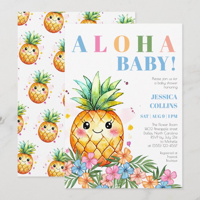 Convites Chuva de Bebê Aloha Azul Abacaxi de Verão Tropical (Frente/Verso)