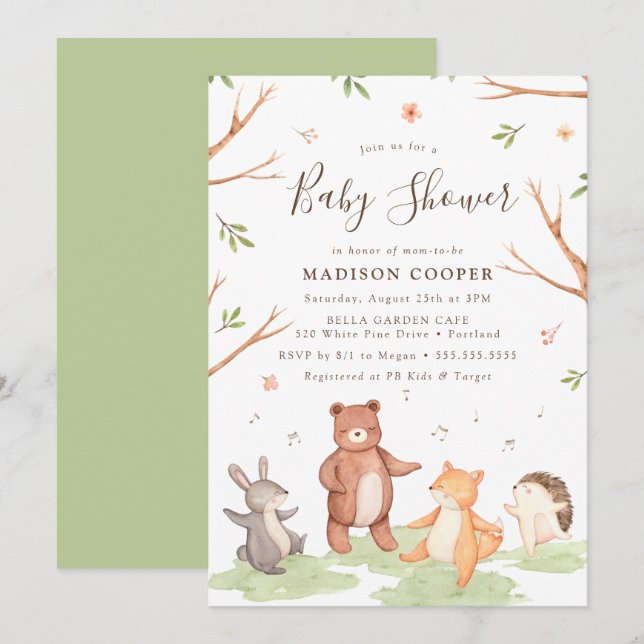 Convites Chuva de Bebê Animais da Floresta Dançantes (Frente/Verso)