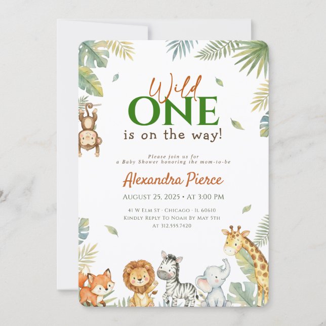 Convites Chuva de Bebê Animais da Selva Wild One (Frente)