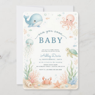 Convites Chuva de Bebê Animais Marinhos Aquarela