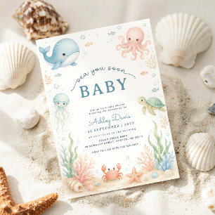 Convites Chuva de Bebê Animais Marinhos Aquarela