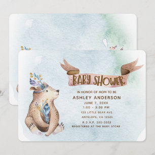 Convites Chuva de Bebê Animais Rústicos Urso Boho Aquarela