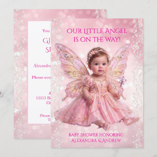 Convites Chuva de Bebê Anjo Asas de Fada Rosa Dourado