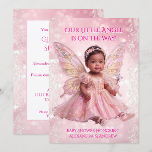 Convites Chuva de Bebê Anjo Rosa Dourado Asas de Fada Étnic