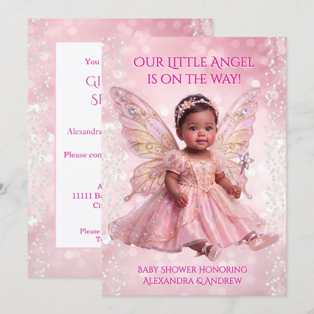 Convites Chuva de Bebê Anjo Rosa Dourado Asas de Fada Étnic (Frente/Verso)