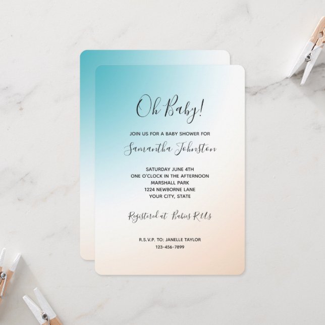 Convites Chuva de Bebê Aqua Peach White Ombre (Frente/Verso In Situ)