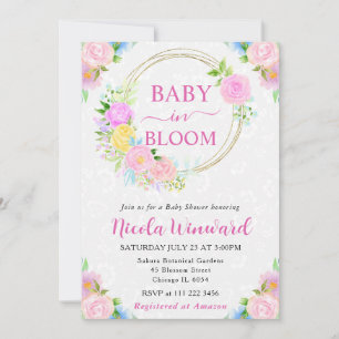 Convites Chuva de Bebê Aquarela Coroa de Rosas Rosa e Amare