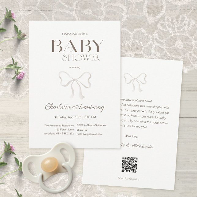 Convites Chuva de Bebê Arco de Aguarela Creme Quente Claro (Subtle Warm Cream Watercolor Bow Baby Shower Invitation ©Susanne Sachers - Sunny Mind 🌞)