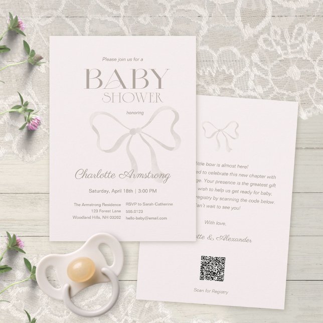 Convites Chuva de Bebê Arco de Aguarela Rosa Sutil em Tom d (Dusty Rose Watercolor Bow Baby Shower Invitation ©Susanne Sachers - Sunny Mind 🌞)