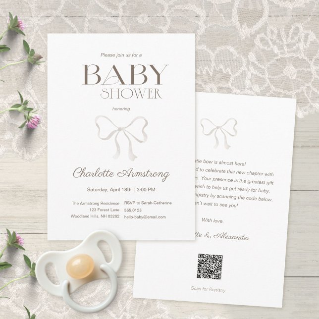 Convites Chuva de Bebê Arco de Aquarela Branca Limpa (Clean White Watercolor Bow Baby Shower Invitation ©Susanne Sachers - Sunny Mind 🌞)