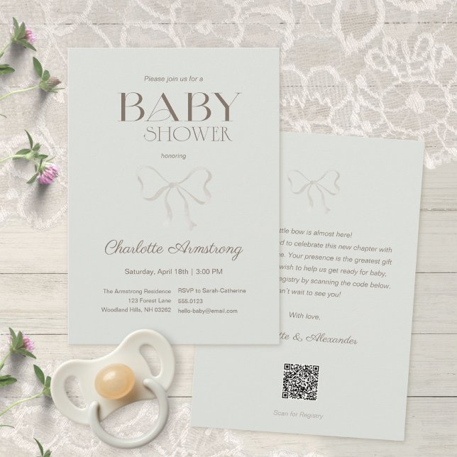Convites Chuva de Bebê Arco de Aquarela Verde Sage Profundo (Deep Sage Green Watercolor Bow Baby Shower Invitation ©Susanne Sachers - Sunny Mind 🌞)