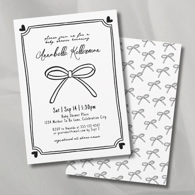 Convites Chuva de Bebê Arco Desenhado à Mão Caprichoso (Whimsical Hand Drawn Bow Baby Shower Invitation)