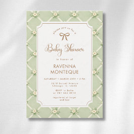 Convites Chuva de Bebê Arco Dourado Diagonal Floral Sage Vi