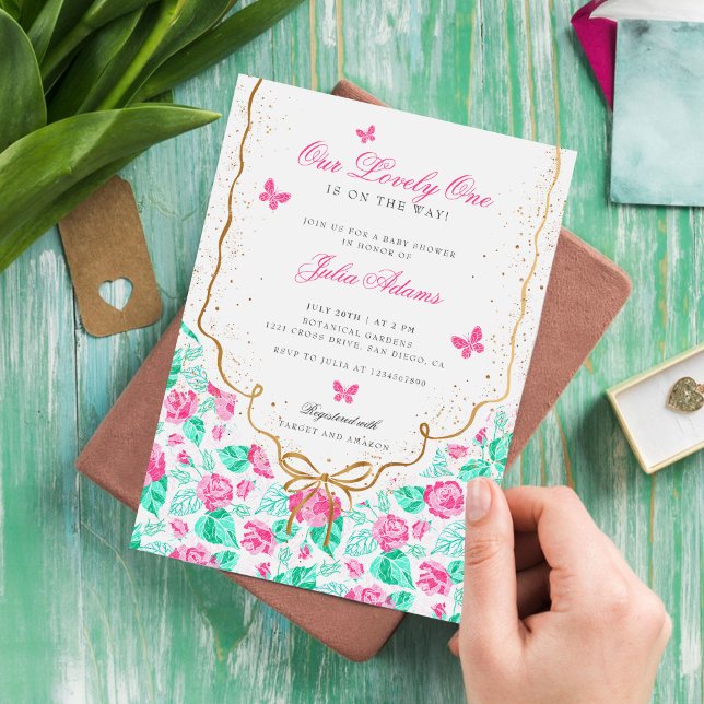 Convites Chuva de Bebê Arco Dourado Flor Rosa Adorável (Criador carregado)