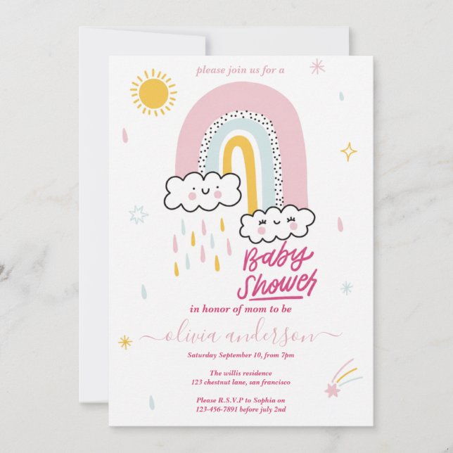 Convites Chuva de Bebê Arco-Íris Fofa (Frente)